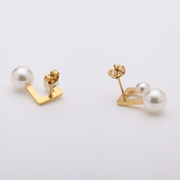 Geometric Double White Pearl 18K Gold Stud Earrings For Women