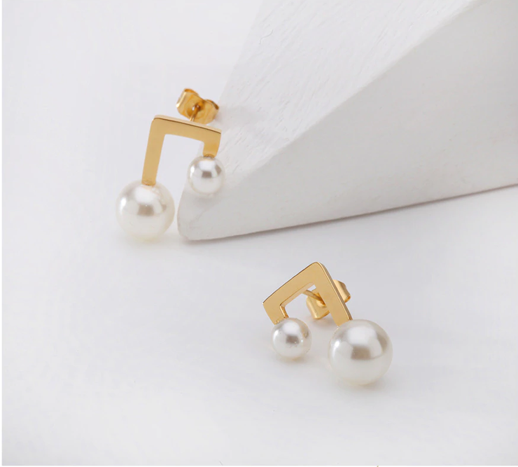 Vintage Double White Pearl 18K Gold Stud Earrings For Women