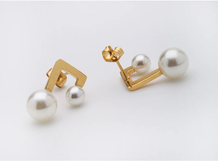 Geometric Double White Pearl 18K Gold Stud Earrings For Women