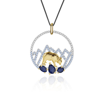 Blue Sapphire Polar Bear 925 Sterling Silver Necklace With Gold Plated Details