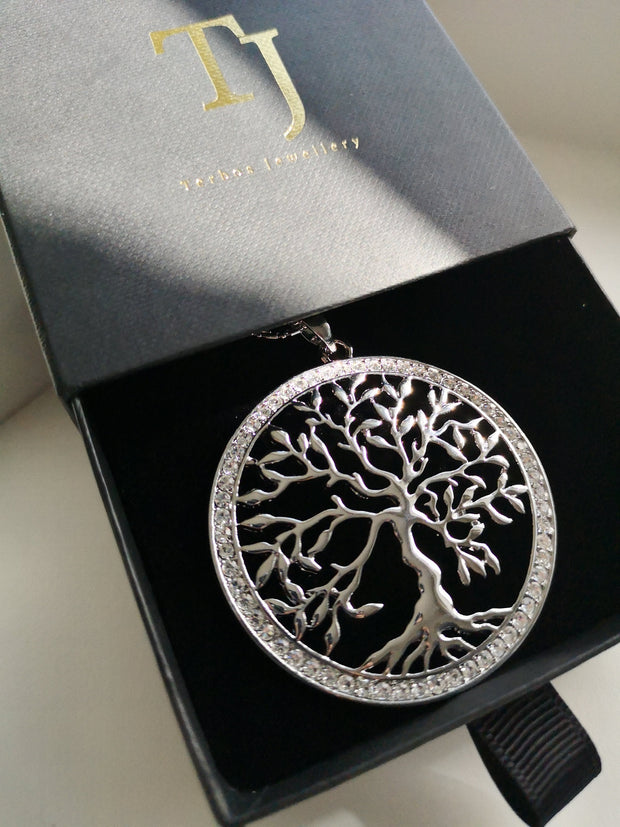 Large Tree Of Life Necklace With Silver Pendant And Zircon For Women