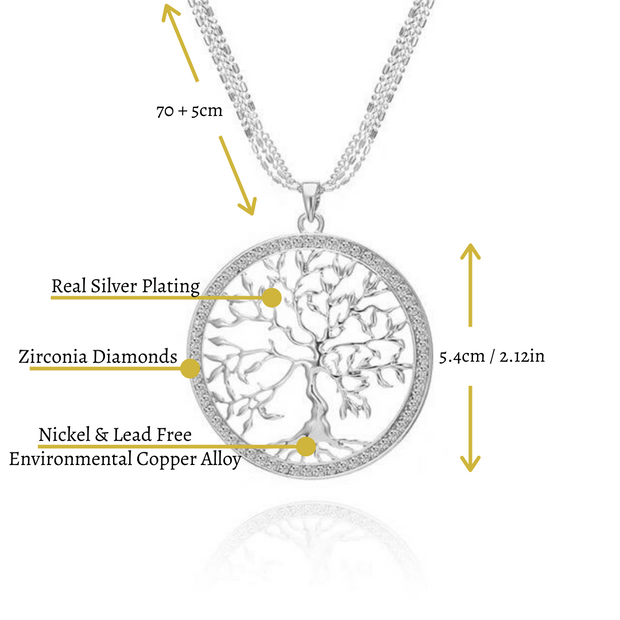 Large Tree Of Life Necklace With Silver Pendant And Zircon For Women