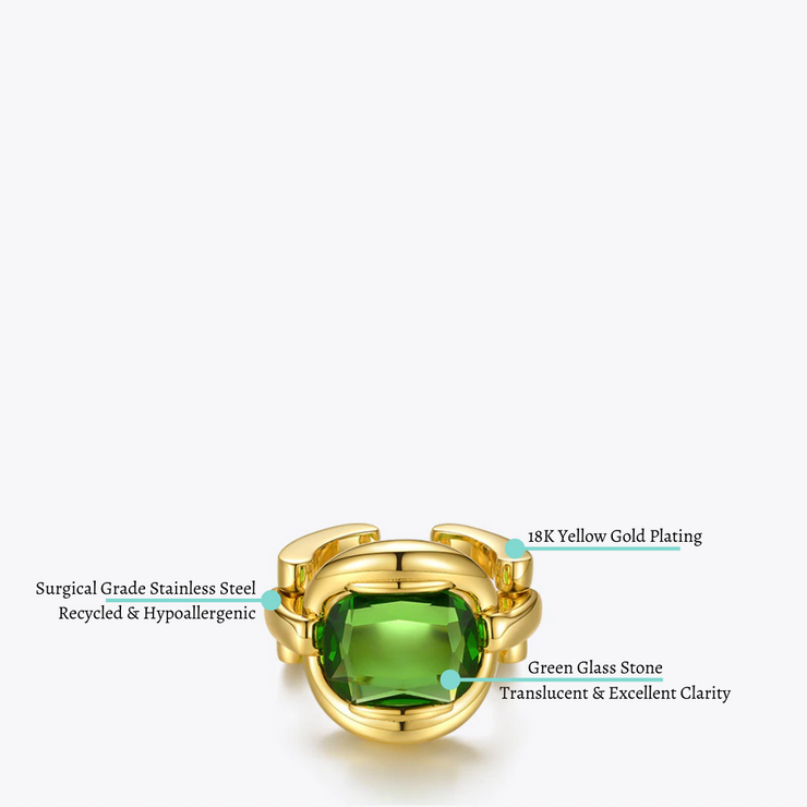 18K Yellow Gold Plated Cocktail Ring With Green Glass Stone For Women