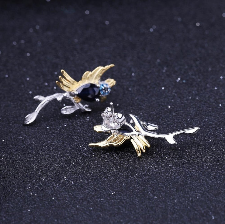 Blue Sapphire Bird 925 Sterling Silver Earrings With Gold Plated Details