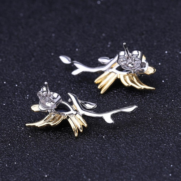 Blue Sapphire Bird 925 Sterling Silver Earrings With Gold Plated Details