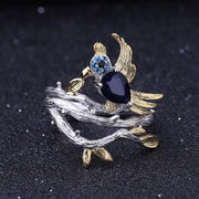 Blue Sapphire Bird 925 Sterling Silver Ring With Gold Plated Details