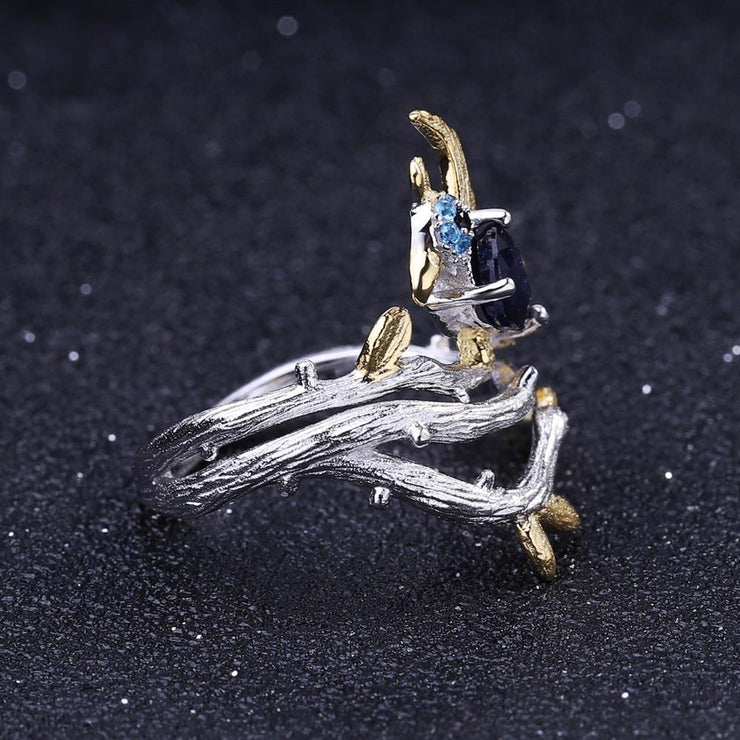 Blue Sapphire Bird 925 Sterling Silver Ring With Gold Plated Details