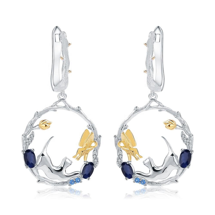 Blue Sapphire Cat 925 Sterling Silver Earrings With Zircon And Gold Plated Details
