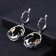 Blue Sapphire Cat 925 Sterling Silver Earrings With Zircon And Gold Plated Details