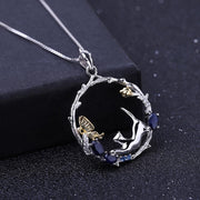 Blue Sapphire Cat 925 Sterling Silver Necklace With Zircon And Gold Plated Details
