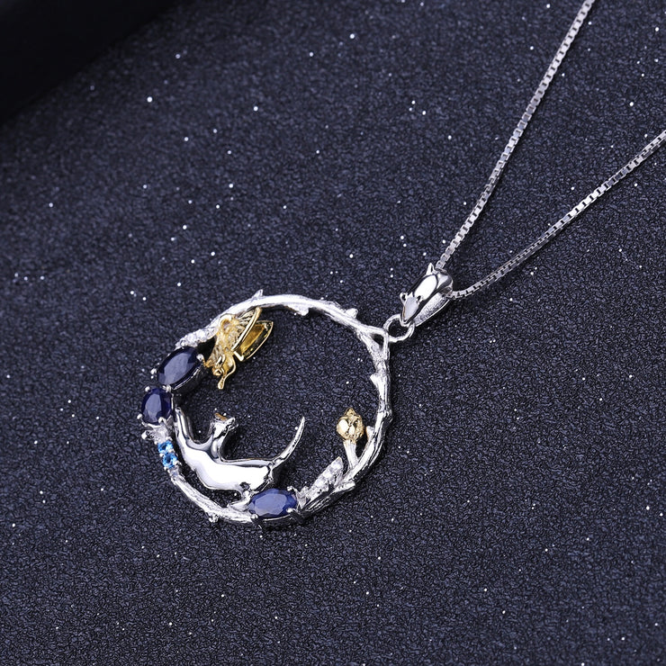 Blue Sapphire Cat 925 Sterling Silver Necklace With Zircon And Gold Plated Details