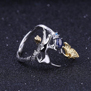 Blue Sapphire Cat 925 Sterling Silver Ring With Zircon And Gold Plated Details