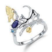 Blue Sapphire Cat 925 Sterling Silver Ring With Zircon And Gold Plated Details