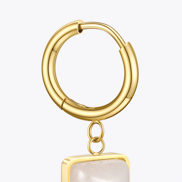 Leaf And White Onyx Hoop Drop Earrings For Women 18K Gold Plated