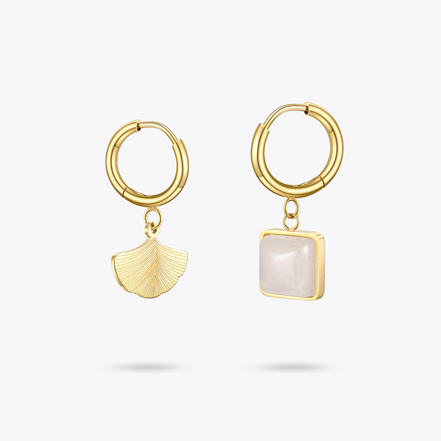 Leaf And White Onyx Hoop Drop Earrings For Women 18K Gold Plated