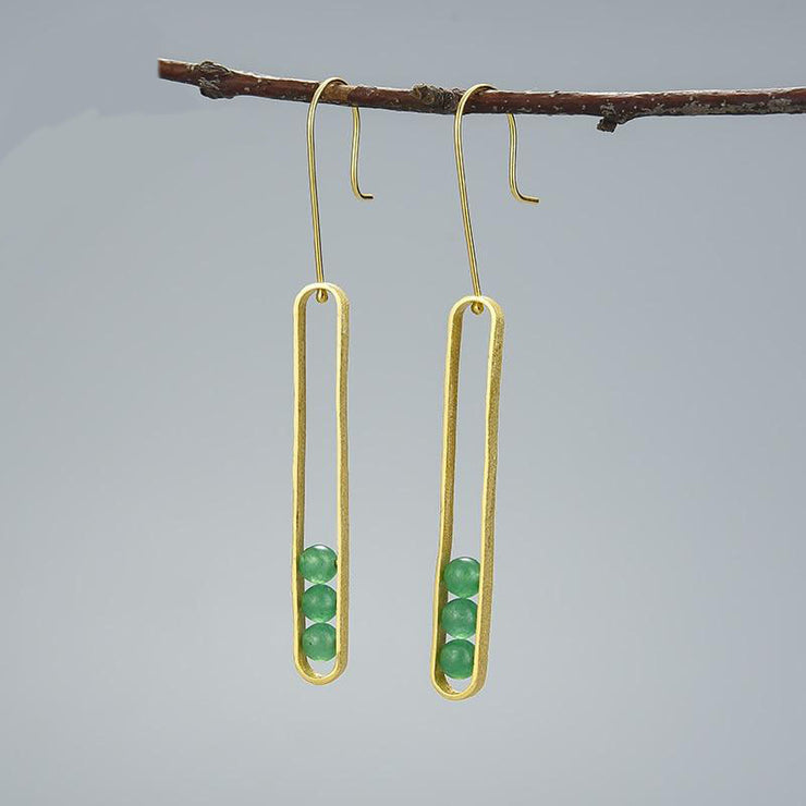 Elliptical Green Aventurine 18K Gold Plated 925 Sterling Silver Earrings For Women Hanged On A Branch
