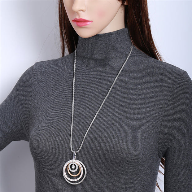 Big Circles Long Necklace With CZ Diamond - Silver