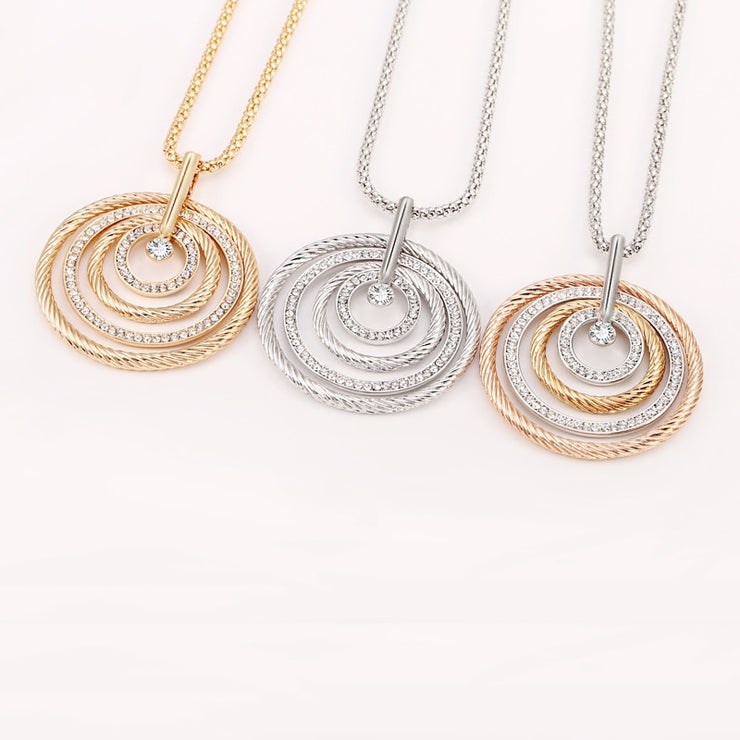 Big Circles Long Necklace With CZ Diamond - Silver