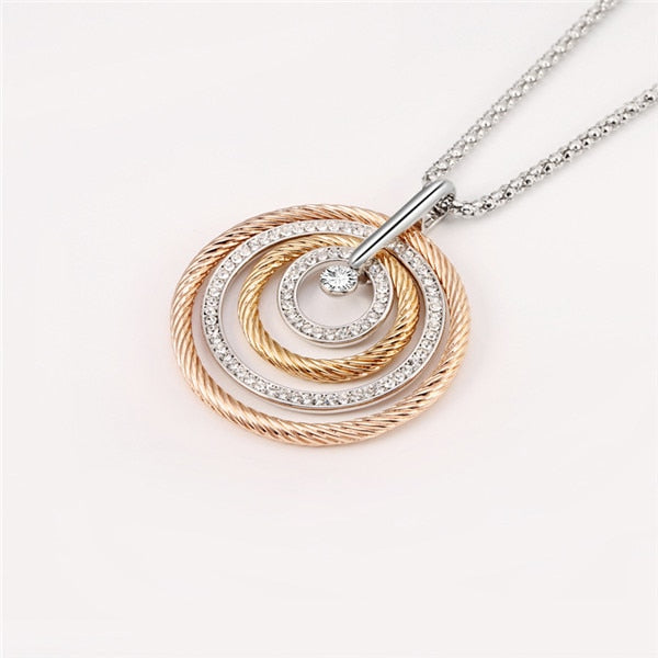 Big Circles Long Necklace With CZ Diamond - Silver/Gold/Rose Gold