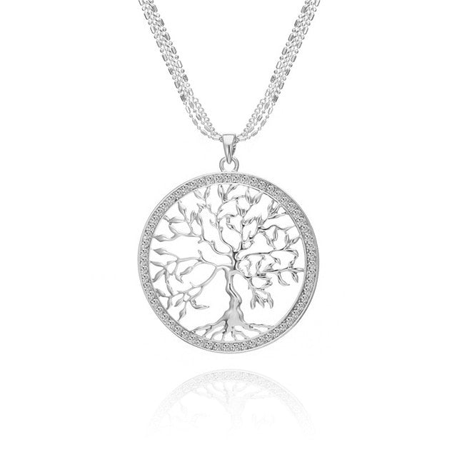 Large Tree Of Life Necklace With Silver Pendant And Zircon For Women