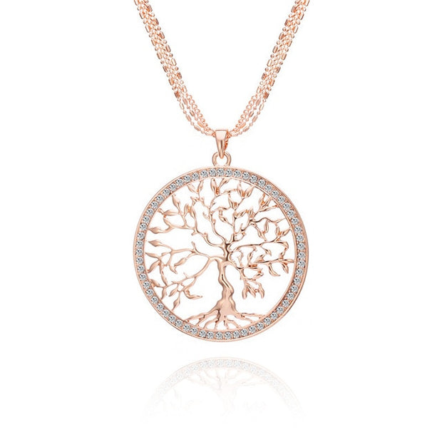 Large Tree Of Life Necklace With Rose Gold Pendant And Zircon For Women