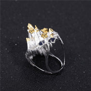 Blue Sapphire Mountain Temples 925 Sterling Silver Ring With Gold Plated Details