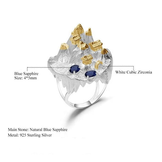 Blue Sapphire Mountain Temples 925 Sterling Silver Ring With Gold Plated Details